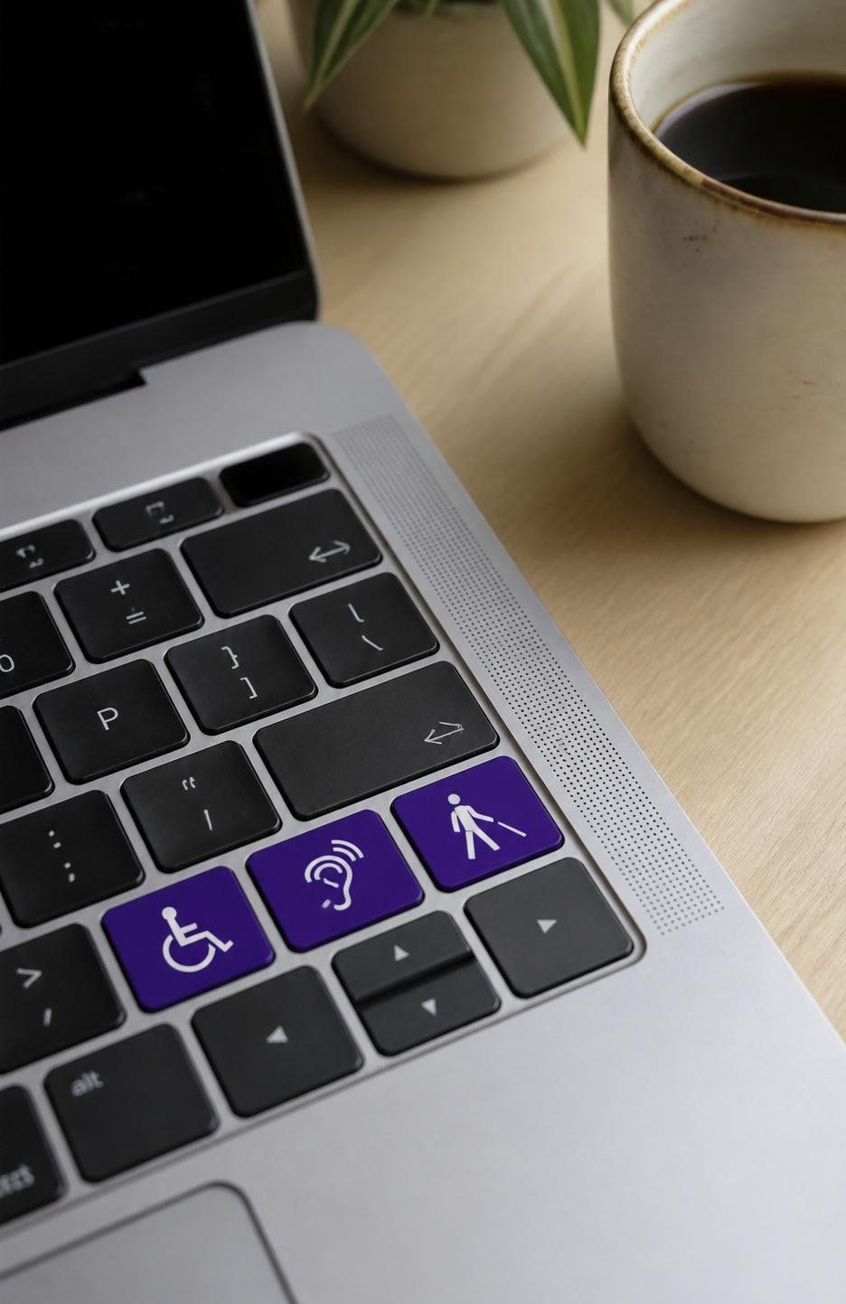 Clavier d'un ordinateur portable posé sur un bureau, avec une tasse de café à côté. Trois touches du clavier sont mises en avant en violet avec des pictogrammes blancs : une personne en fauteuil roulant, une oreille avec des ondes sonores, et une personne aveugle avec une canne blanche.